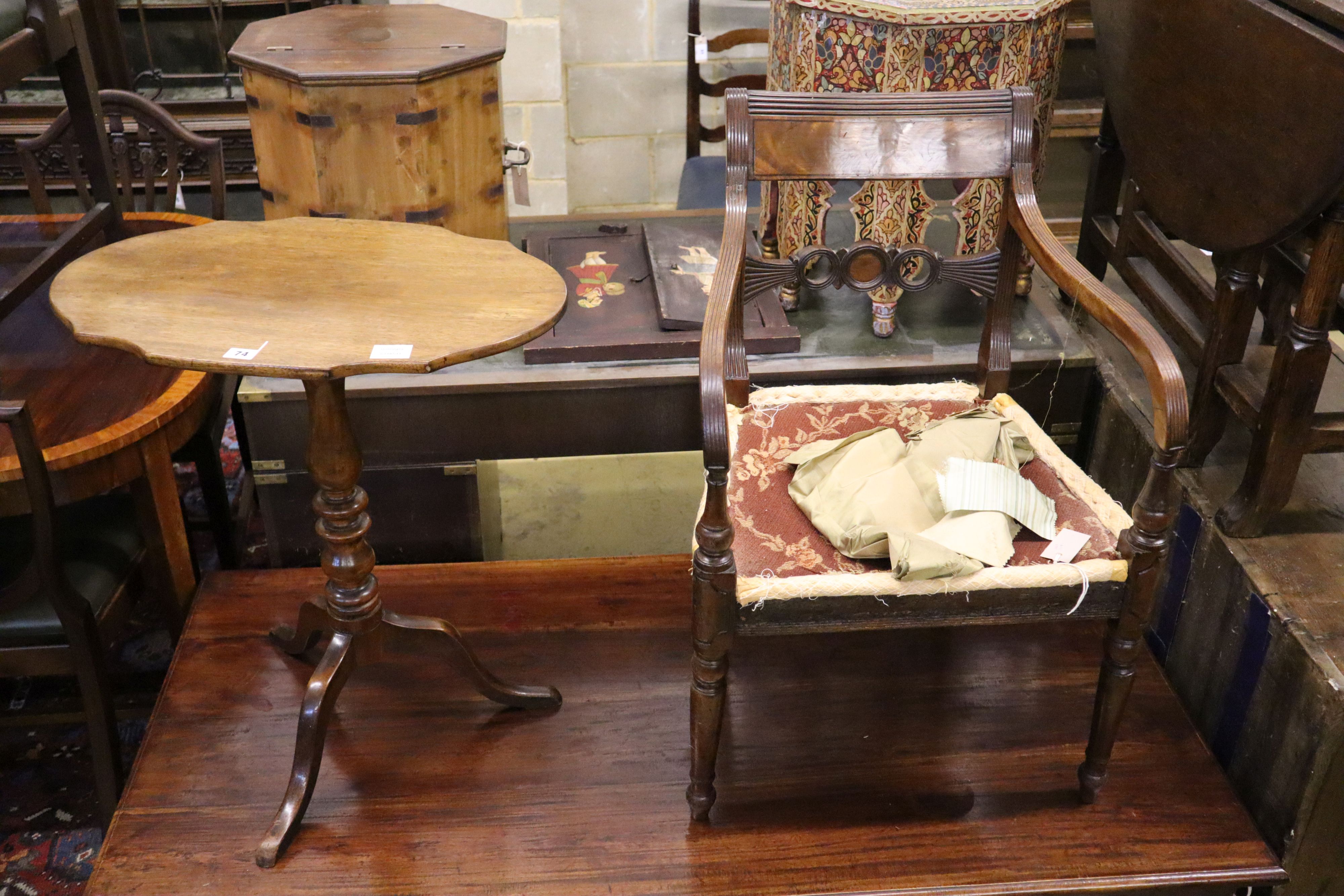 A Regency mahogany carver and a tripod table, width 60cm, 68cm high